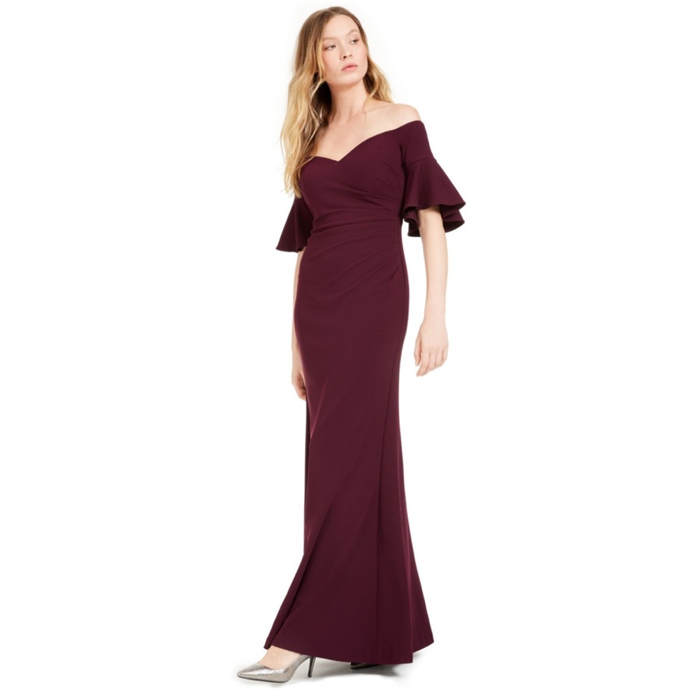 CALVIN KLEIN Burgundy Bell Sleeve Off Shoulder Mermaid Evening Dress - Reemoly